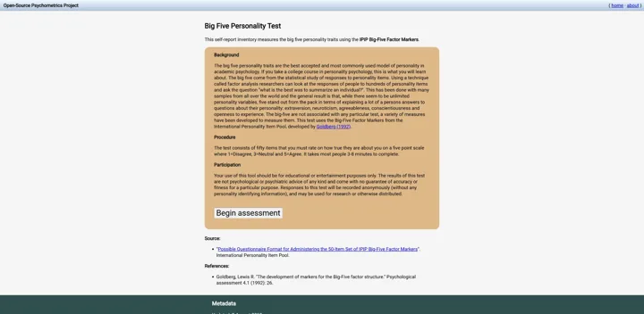 Screenshot of OpenPsychometrics website